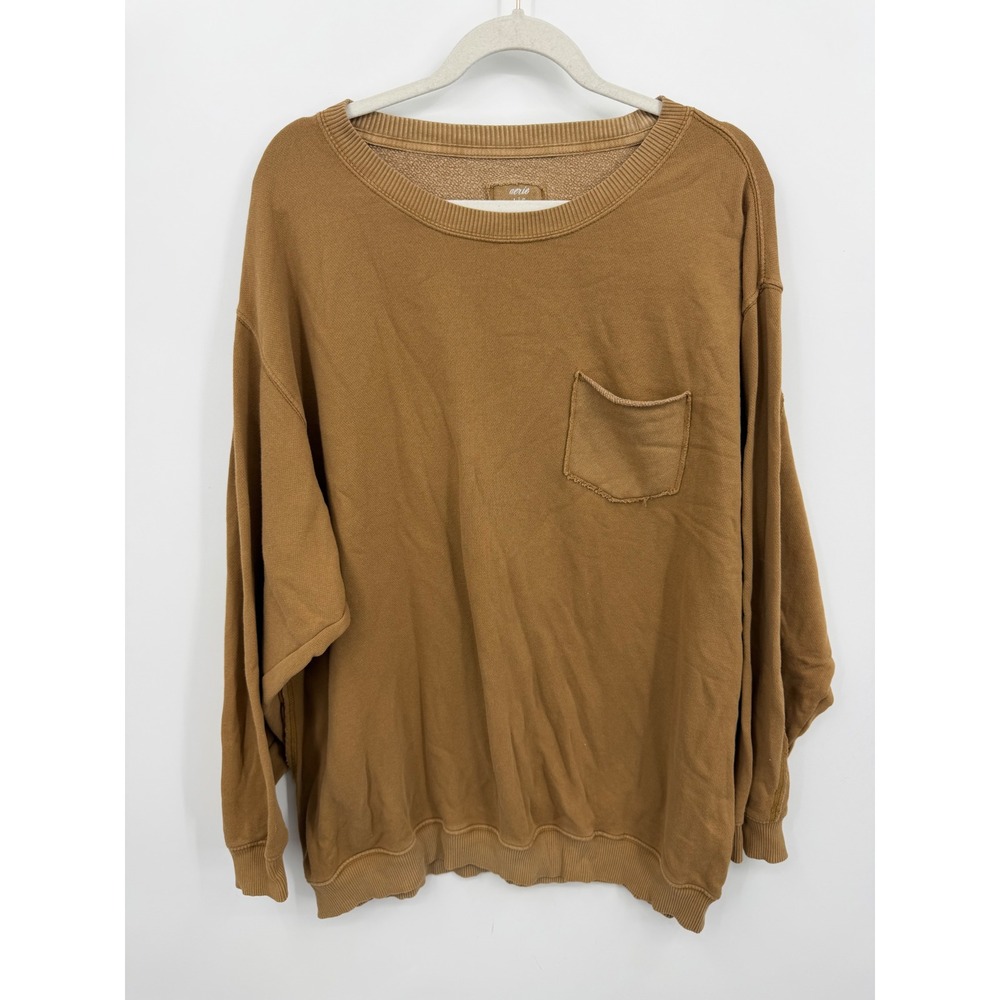 Aerie Oversized Pocket Sweatshirt Women L Brown Crewneck French Terry Pullover